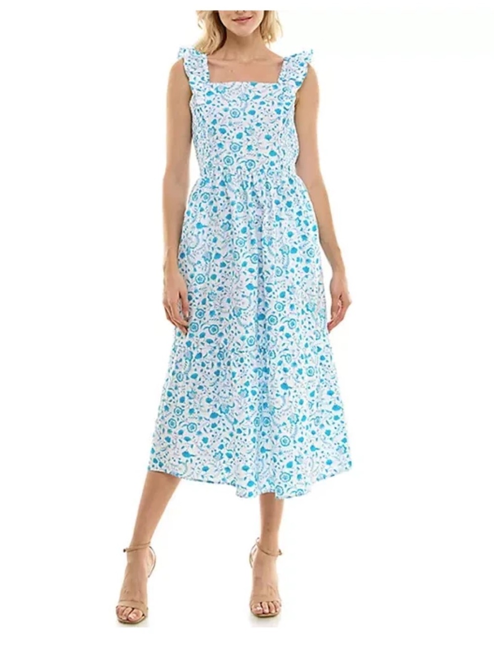 Draper James White and Blue Floral Square-Neck Midi Dress Size XL